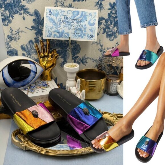 🆕 KURT GEIGER LONDON 🧿 NWOT Meena Eagle Metallic Pool Slide - Size 39 US 8.5 - Picture 1 of 11